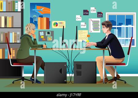 A vector illustration of Programmer and Designer Working in an Office Stock Vector