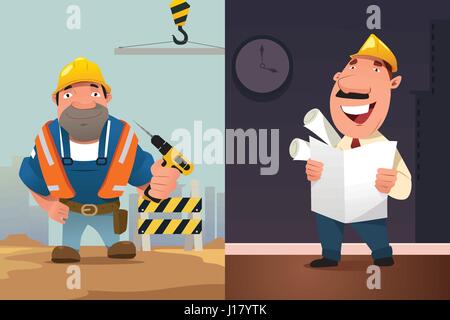 A vector illustration of Construction Worker and Architect Cartoon Stock Vector