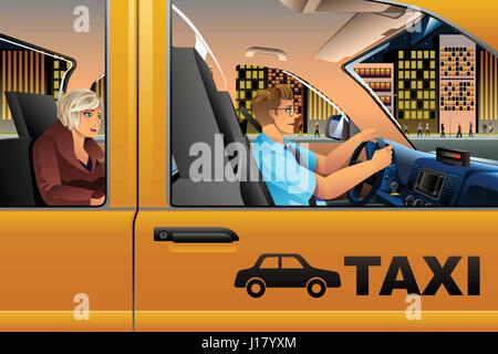 A vector illustration of a Taxi Driver Driving a Passenger Stock Vector