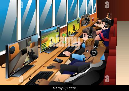 A vector illustration of Young People Playing Games on an Internet Cafe Stock Vector
