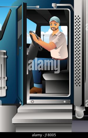 A vector illustration of Truck Driver Inside of His Truck Stock Vector