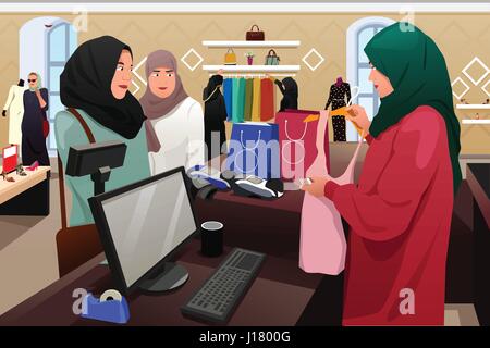 A vector illustration of Muslim Women Shopping in a Clothing Store Stock Vector