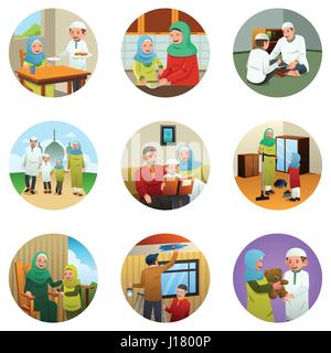A vector illustration of Muslim Family Doing Different Activities Stock Vector