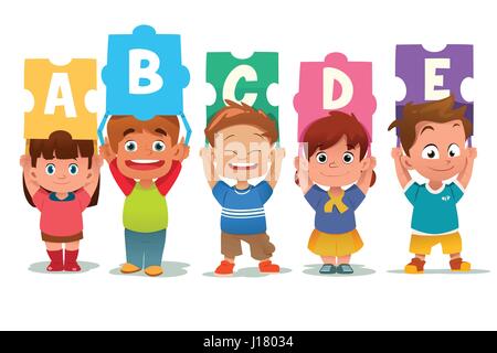 A vector illustration of a group of Children Holding Alphabet Puzzle Cards Stock Vector