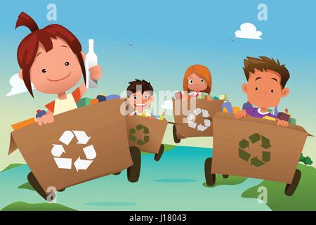 Kids, boy and girl, garbage recycling concept, cartoon vector ...