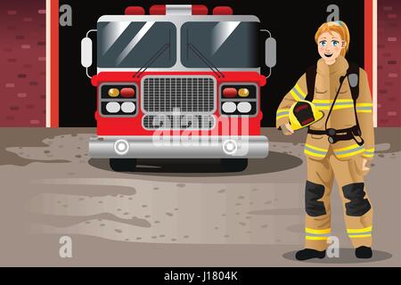 A vector illustration of Female Firefighter in Front of Fire Station Stock Vector