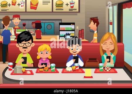 A vector illustration of Family Busy with their electronic device while Eating Out in the Restaurant Stock Vector