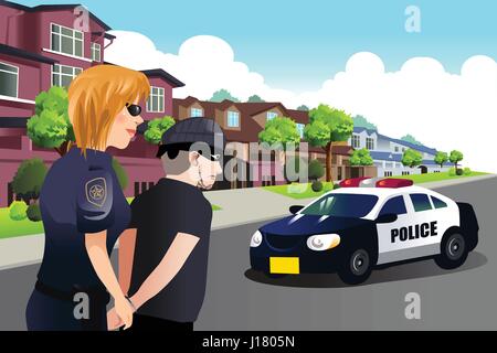 A vector illustration of Policewoman Arresting a Criminal Stock Vector