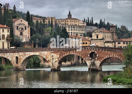 Panoramic view of Ponte Pietra bridge in Verona, Italy Stock Photo