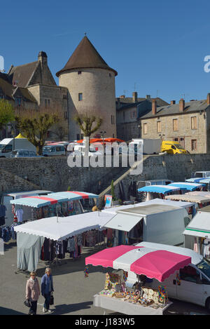 Market day at Bourganeuf  in the Creuse department in the Nouvelle-Aquitaine region in central France. Stock Photo