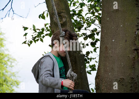 Boy playing on rope swing, UK Stock Photo