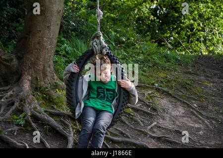 Boy playing on rope swing, UK Stock Photo