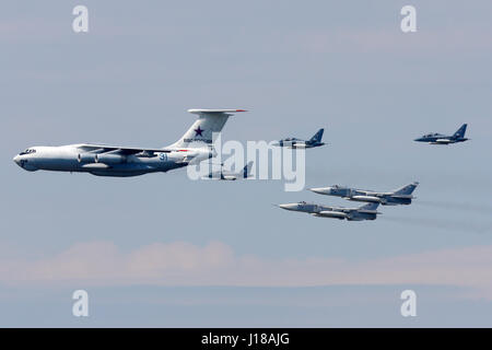 KHIMKI, MOSCOW REGION, RUSSIA - MAY 9, 2010: Ilyushin IL-78, Yakovlev Yak-130, Sukhoi SU-24M of Russian Air Force during Victory Day parade. Stock Photo