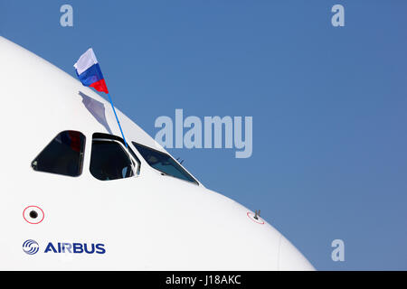 ZHUKOVSKY, MOSCOW REGION, RUSSIA - AUGUST 28, 2011: Airbus A380 in Zhukovsky during MAKS-2011 airshow. Stock Photo