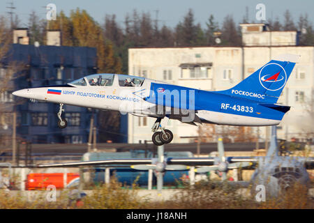 CHKALOVSKY, MOSCOW REGION, RUSSIA - OCTOBER 26, 2013: Aero L-39C Albatros of Roscosmos taking off at Chkalovsky. Stock Photo