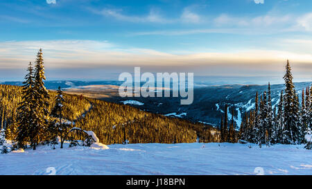 Winter landscape overlooking the forest  on the ski slopes on Sun Peaks Mountain in British Columbia, Canada Stock Photo