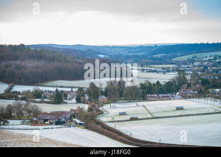 Hambleden Valley, covered in a light dusting of snow, viewed from the North looking towards the Thames Valley Stock Photo