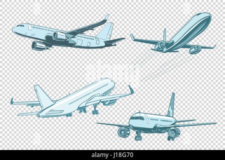 Set of passenger airplanes. Air transport. Pop art retro vector illustration Stock Vector