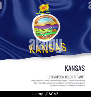 Flag of U.S. state Kansas waving on an isolated white background. State name and the text area for your message. Stock Photo