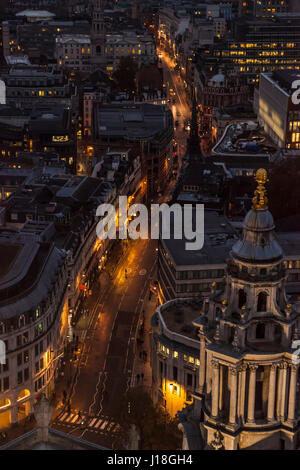 Looking down on Ludgate Hill from atop the dome at St Pauls Cathedral, London, England, UK.
