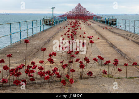 SOUTHEND-ON-SEA, UK - APRIL 16TH 2017:  The Poppy Wave installation by Paul Cummins and Tom Piper on Barge Pier in Shoeburyness, Southend-On-Sea, on 1 Stock Photo