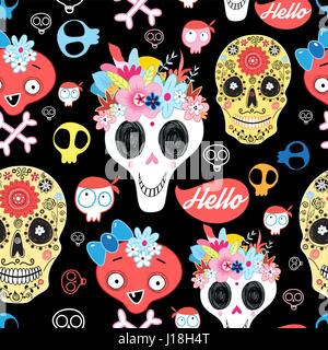Vector Halloween pattern with decorative skulls on a dark background Stock Vector