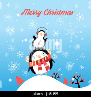 Funny Christmas card with penguins on a background with snowflakes Stock Vector