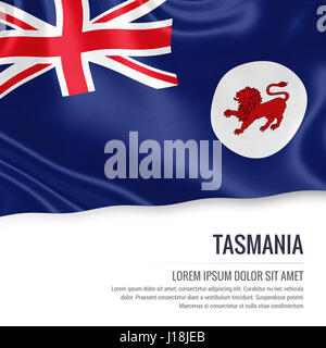 Flag of Australian state Tasmania waving on an isolated white background. State name and the text area for your message. Stock Photo