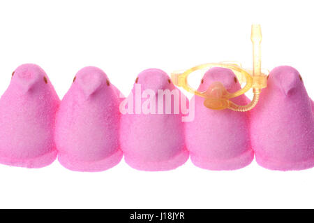 Peeps marshmallow chick candy, classic springtime or Easter treat. One fun, individual peep is a scuba mask, in anticipation of summer, vacation Stock Photo