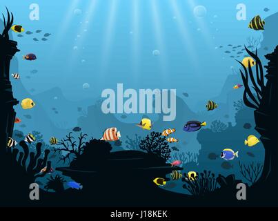 Underwater landscape with various water plants and swimming tropical fish Stock Vector