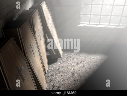 A row of upright wooden coffins against a wall in a dilapidated room lit by light through a window - 3D Render- 3D Render Stock Photo