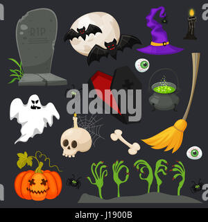 Halloween flat icons isolated on brown background.Traditional Halloween symbols.Retro cartoon style vector illustration Stock Photo