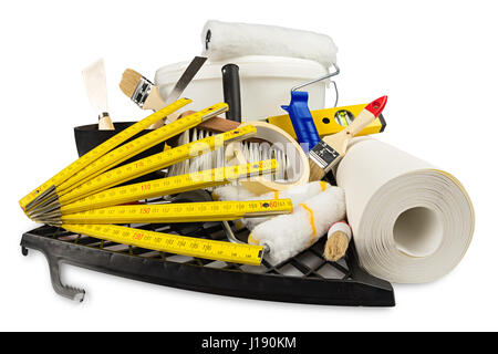 renovation decoration diy tools and paint bucket isolated on white background Stock Photo