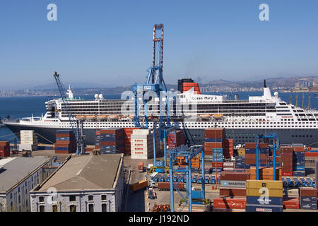 Large ocean liner berthed in the UNESCO World Heritage port city of Valparaiso in Chile. Stock Photo