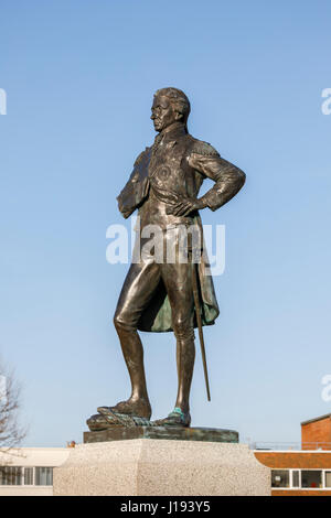 Memorial statue of Admiral Lord Nelson in Grand Parade, Old Portsmouth, Hampshire, southern England on a sunny day with clear blue sky Stock Photo