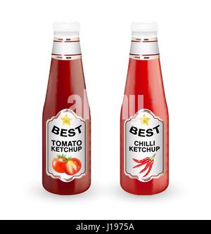real tomato and chilli ketchup bottle on a white background Stock Vector