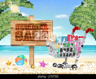 summer sale wood board and shopping cart with beach background Stock Vector