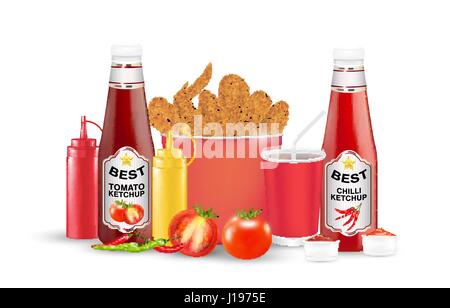 set  of fried chicken tomato chilli suace bottle on a white background Stock Vector