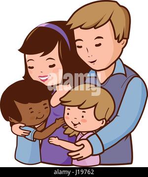 Mother and father hugging their adopted children Stock Vector
