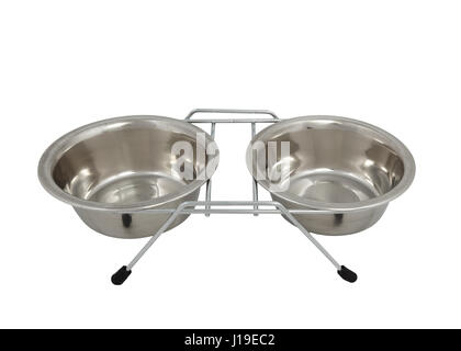Two empty chrome-plated bowls for cats and dogs isolated on white background Stock Photo