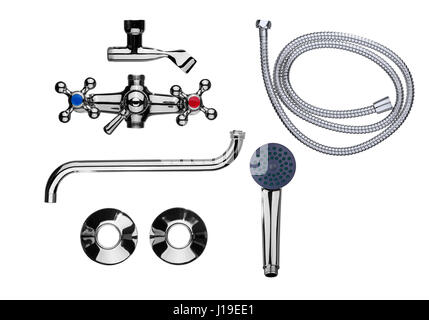 Set of parts for a bathroom faucet isolated on a white background. Stock Photo