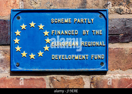 European Regional Development Fund plaque at the Blists Hill Victorian Town, near Madeley, Shropshire, England, UK. Stock Photo