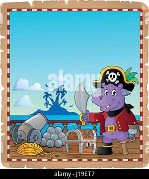 Parchment with pirate hippo on ship - eps10 vector illustration. Stock Vector