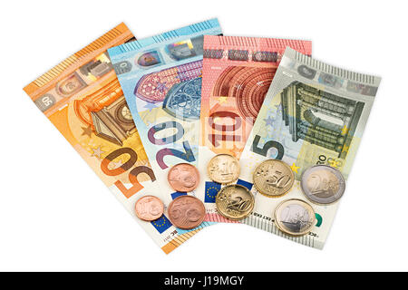 various euro bank notes and row of cent coins isolated on white background Stock Photo