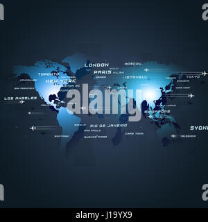global aviation background with planes and city names on a map Stock ...