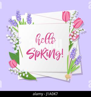 Hello spring lettering. Spring flowers on white paper background with seasonal spring text. Vector illustration. Stock Vector