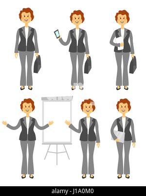 Female manager character or business woman set. Different poses isolated on white background. Woman in trousers. Cartoon flat style illustration Stock Vector