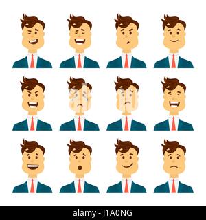 Set of male facial emotions. Bearded man emoji character with different expressions. Vector illustration in cartoon style Stock Vector