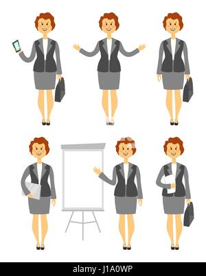 Cartoon woman character in various poses business lady images set with arms folded across her chest vector illustration Stock Vector