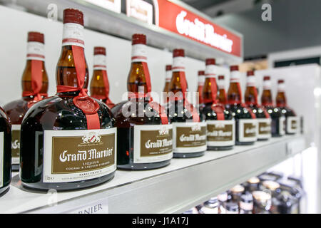 Grand Marnier bottles stand on a shelf in Saint Martin's Princess Juliana airport duty free store. Stock Photo
